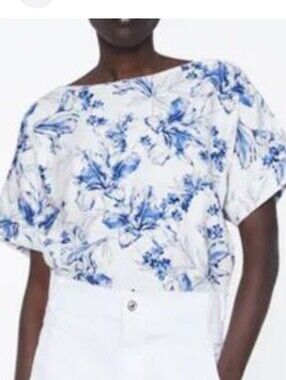 Zara White & Blue Floral Short-Sleeve Linen Blend Top XL